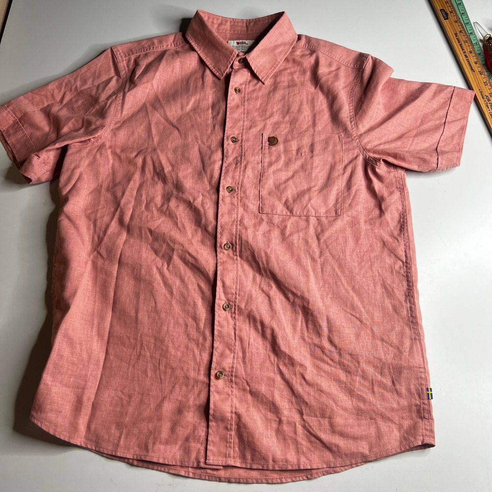 Fjallraven Ovik Lite Shirt Mens Large Pink Linen Blend Short Sleeve Button Down